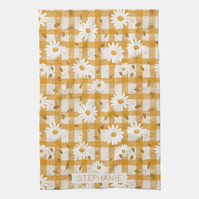 White Daisy Floral Pattern on Yellow Gingham (2) Tea Towel (Vertical)