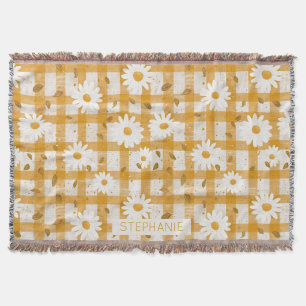 White Daisy Floral Pattern on Yellow Gingham (2) Throw Blanket