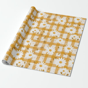 White Daisy Floral Pattern on Yellow Gingham (2) Wrapping Paper