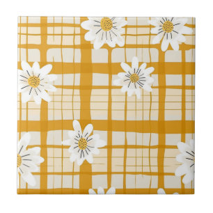 White Daisy Floral Pattern on Yellow Gingham Ceramic Tile