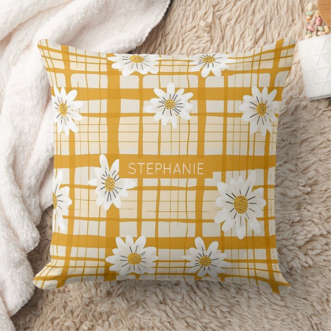 White Daisy Floral Pattern on Yellow Gingham Cushion (Blanket)