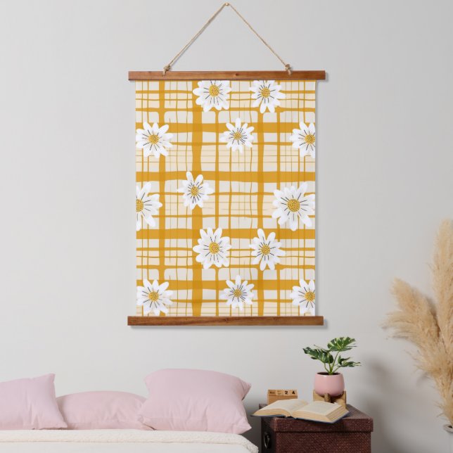 White Daisy Floral Pattern on Yellow Gingham Hanging Tapestry (Bedroom)