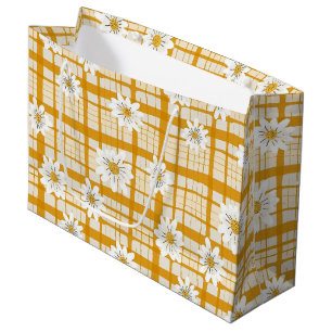 White Daisy Floral Pattern on Yellow Gingham Large Gift Bag