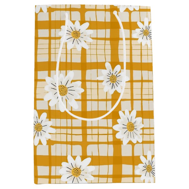 White Daisy Floral Pattern on Yellow Gingham Medium Gift Bag (Front)