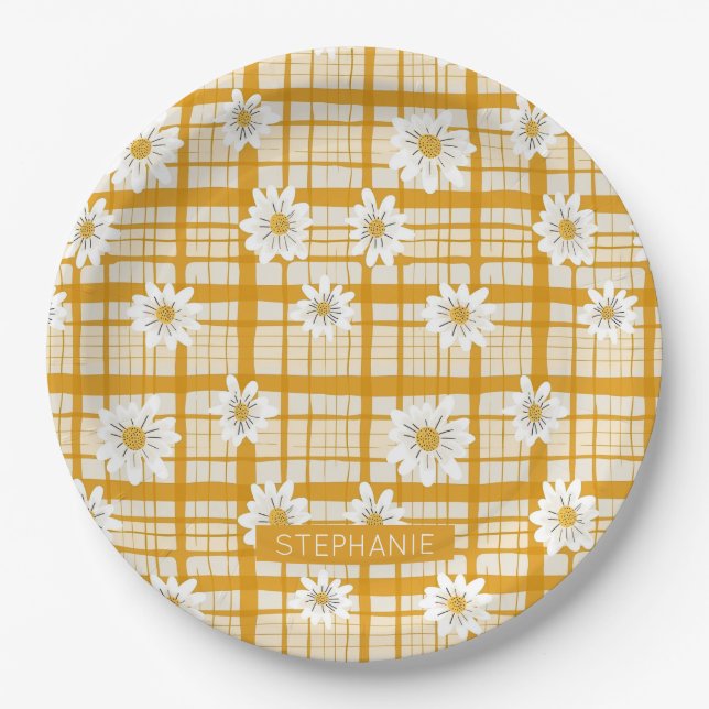 White Daisy Floral Pattern on Yellow Gingham Paper Plate (Front)