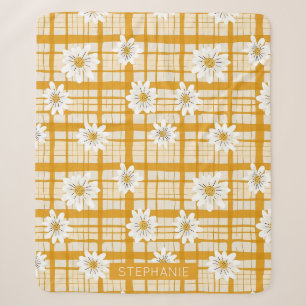 White Daisy Floral Pattern on Yellow Gingham Sherpa Blanket