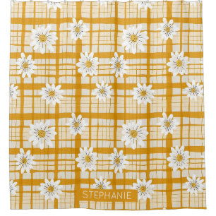White Daisy Floral Pattern on Yellow Gingham Shower Curtain