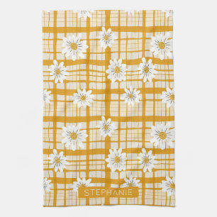 White Daisy Floral Pattern on Yellow Gingham Tea Towel