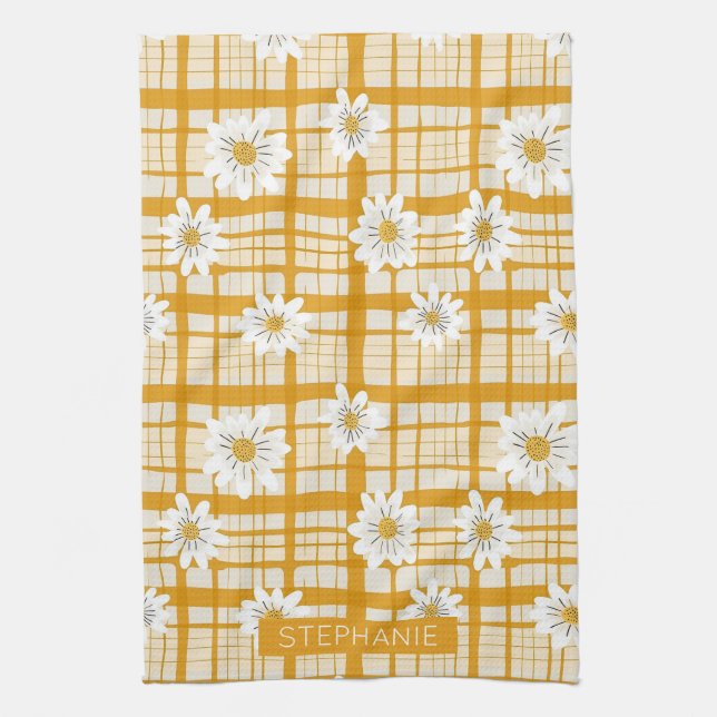 White Daisy Floral Pattern on Yellow Gingham Tea Towel (Vertical)