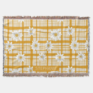 White Daisy Floral Pattern on Yellow Gingham Throw Blanket