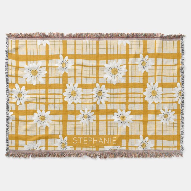 White Daisy Floral Pattern on Yellow Gingham Throw Blanket (Front)