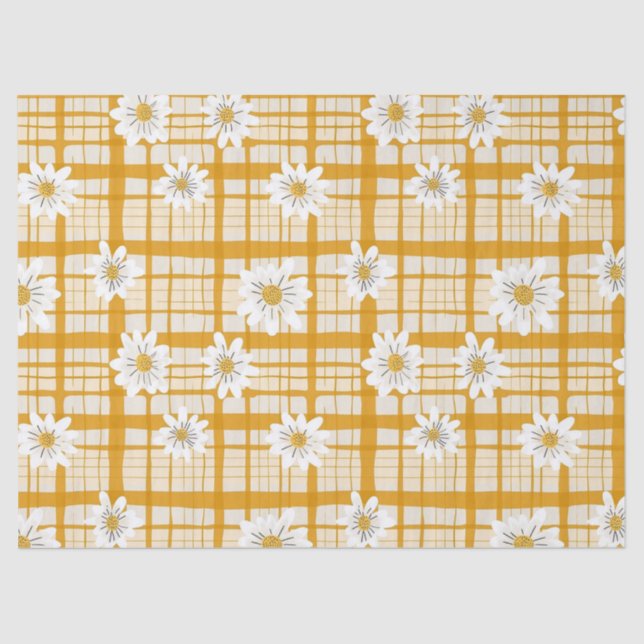 White Daisy Floral Pattern on Yellow Gingham Tissue Paper (Front)