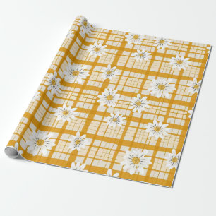 White Daisy Floral Pattern on Yellow Gingham Wrapping Paper