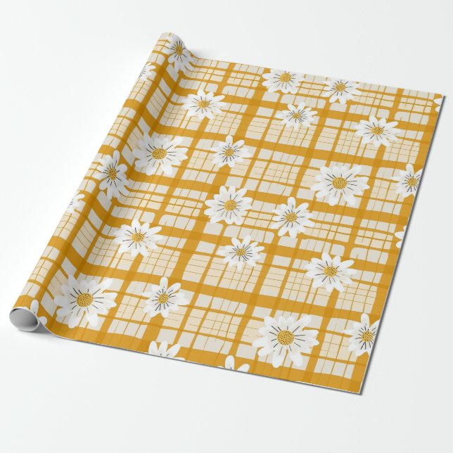 White Daisy Floral Pattern on Yellow Gingham Wrapping Paper (Unrolled)