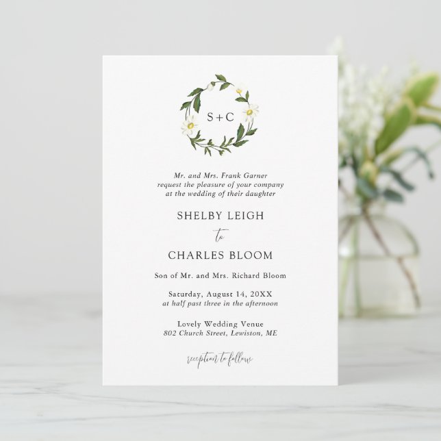 White Daisy Floral Rustic Wedding Invitation (Standing Front)