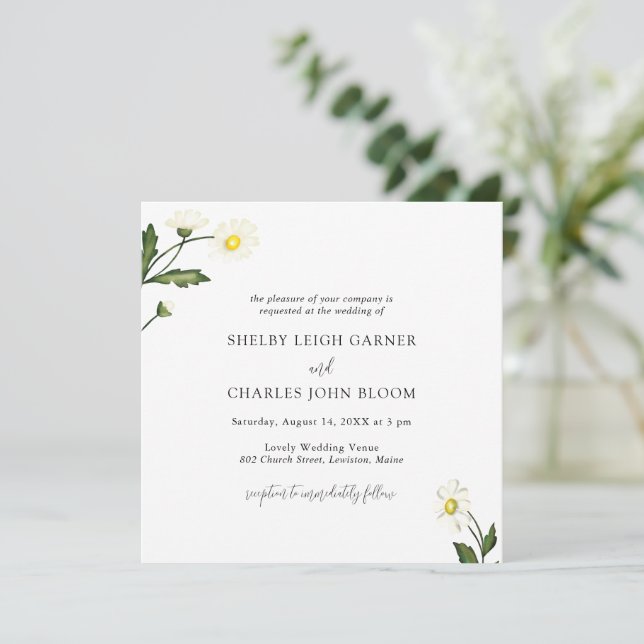 White Daisy Floral Rustic Wedding Invitation (Standing Front)