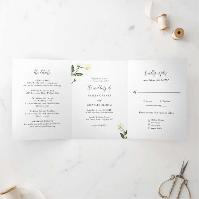 White Daisy Floral Rustic Wedding Tri-Fold Invitation (Inside)