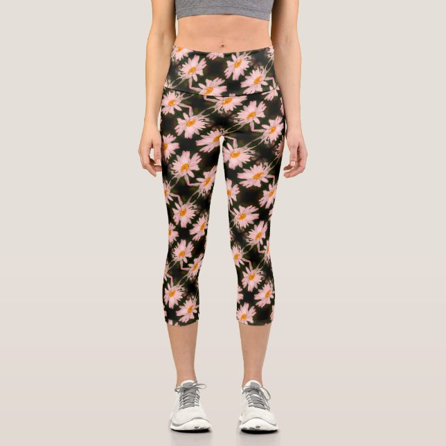 White Daisy Flower Abstract Pattern       Capri Leggings (Front)
