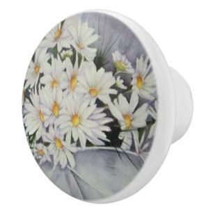 WHITE DAISY FLOWER BOUQUET DECORATIVE CERAMIC KNOB