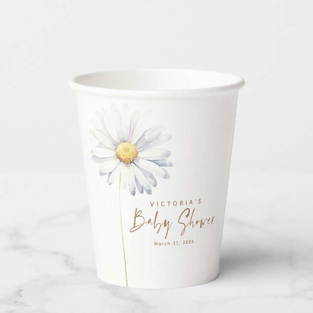 White Daisy Flower Elegant Minimalist Baby Shower Paper Cups (Back)