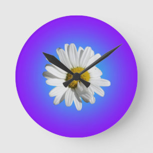 White Daisy Flower Floral Purple Blue Gradient Round Clock