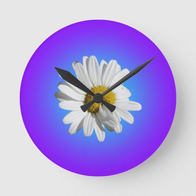White Daisy Flower Floral Purple Blue Gradient Round Clock (Front)