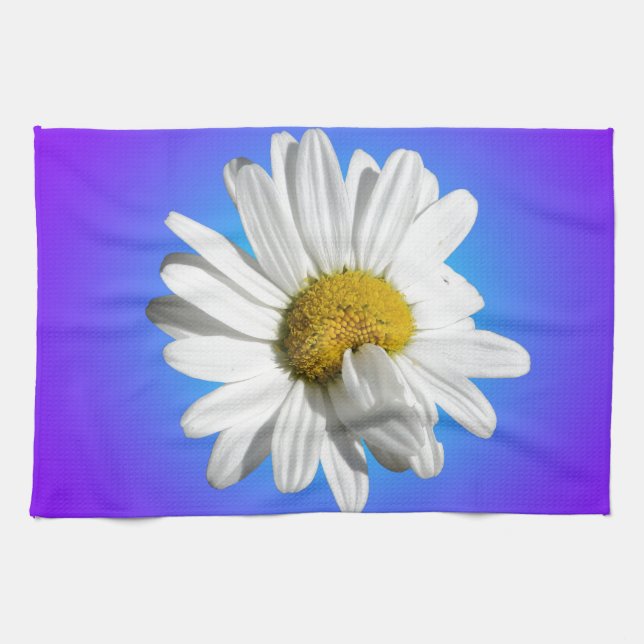 White Daisy Flower Floral Purple Blue Gradient Tea Towel (Horizontal)