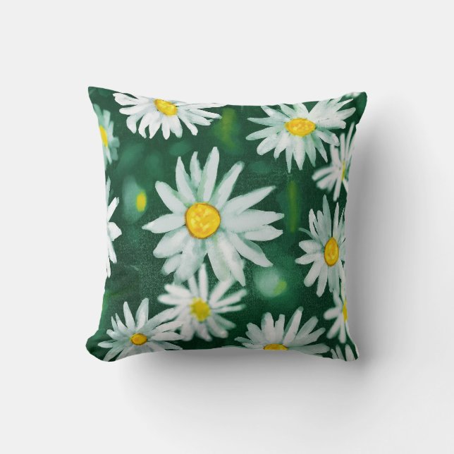 White Daisy Flower Gouache Pattern Cushion (Front)