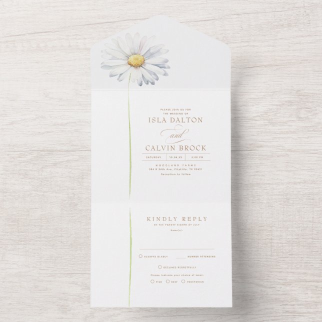 White Daisy Flower Minimalist Elegant Boho Wedding All In One Invitation (Inside)