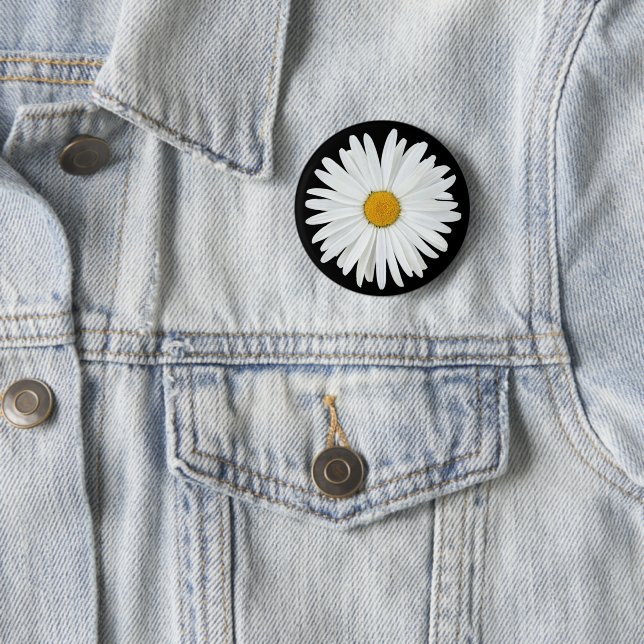 White Daisy Flower on Black Floral 6 Cm Round Badge (In Situ)
