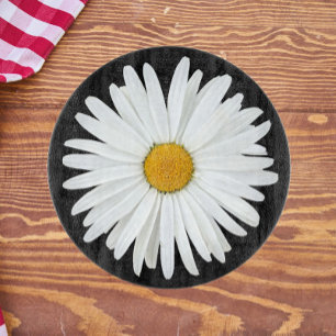 White Daisy Flower on Black Floral Cutting Board