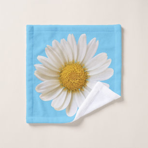 White Daisy Flower on Sky Blue Wash Cloth