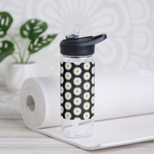 White Daisy Flower Pattern on Black Water Bottle