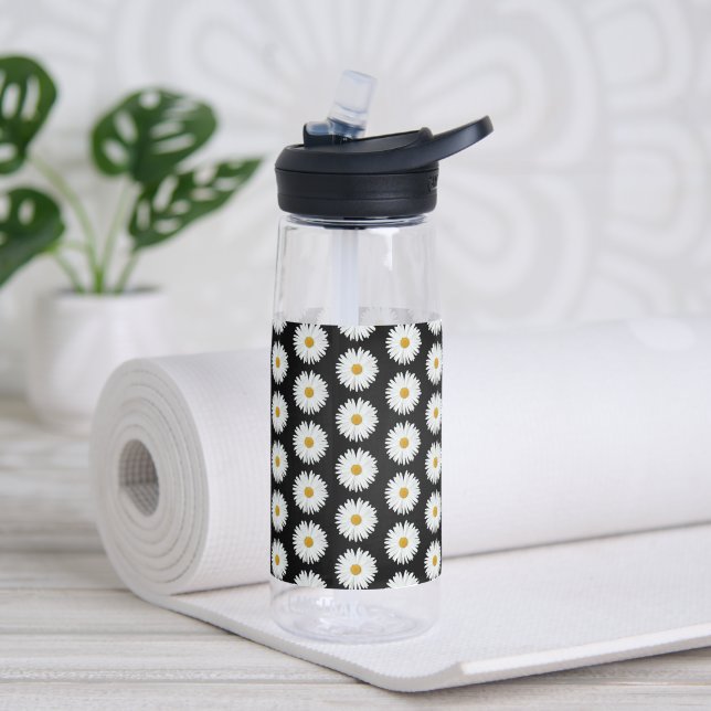 White Daisy Flower Pattern on Black Water Bottle (Yoga)