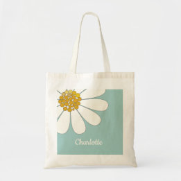 White Daisy Flower Personalise Name Birthday   Tote Bag