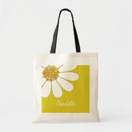 White Daisy Flower Personalise Name Birthday   Tote Bag
