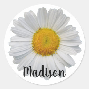 White Daisy Flower Personalised Name Classic Round Sticker