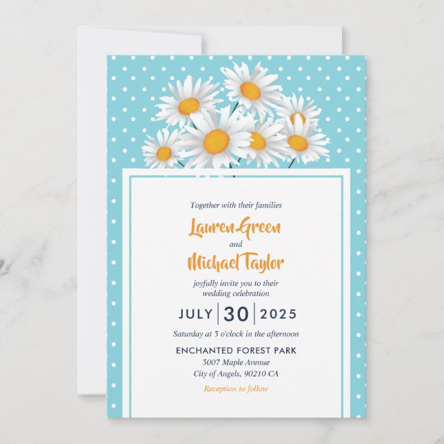 White Daisy Flower Polkadot Pattern Floral Wedding Invitation (Front)