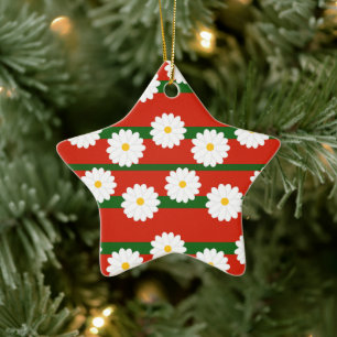 White Daisy Flower red Merry Christmas Holiday Ceramic Ornament