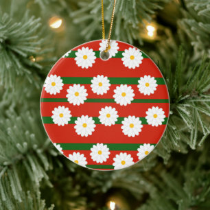 White Daisy Flower red Merry Christmas Holiday Ceramic Ornament