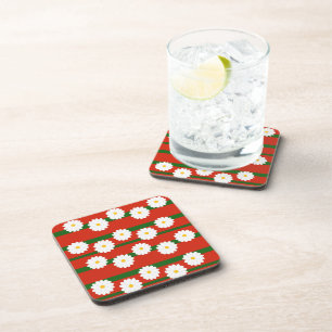 White Daisy Flower red Merry Christmas Holiday Coaster