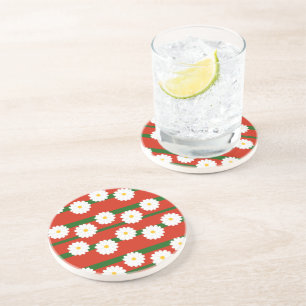 White Daisy Flower red Merry Christmas Holiday Coaster