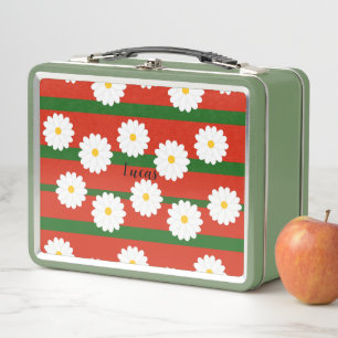 White Daisy Flower red Merry Christmas Holiday  Metal Lunch Box