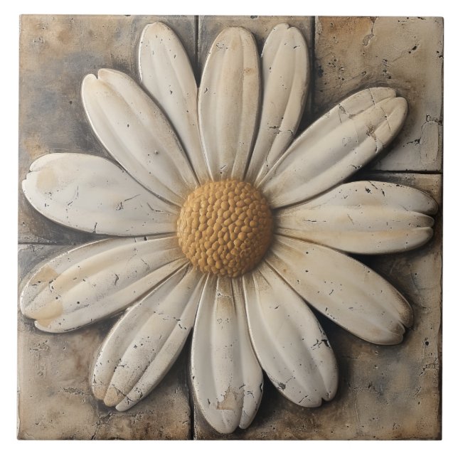 White Daisy Flower Stone Effect Ceramic Tile (Front)