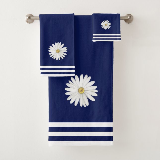 White Daisy Flower & Stripes on Navy Blue Bath Towel Set (Insitu)
