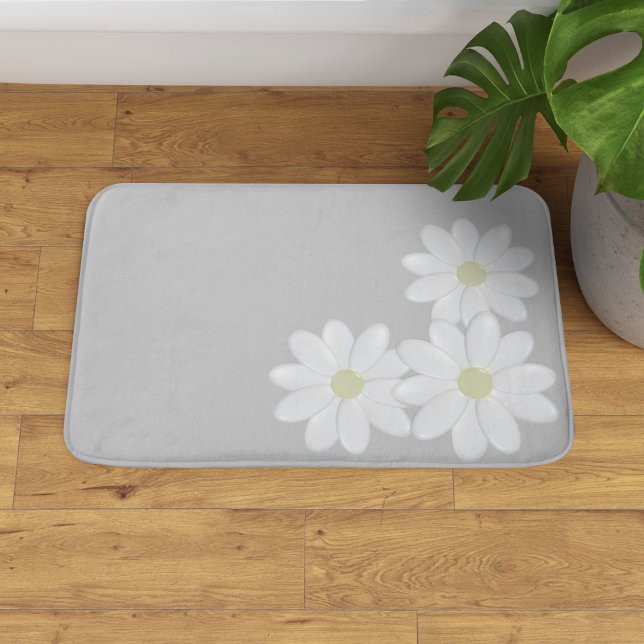 White Daisy Flower Trio Silver Grey Bath Mat (A soft gray daisy bath mat just for you. Available on 3 sizes - small, medium and large.)