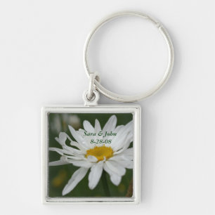White Daisy Flower Wedding Date  Key Ring