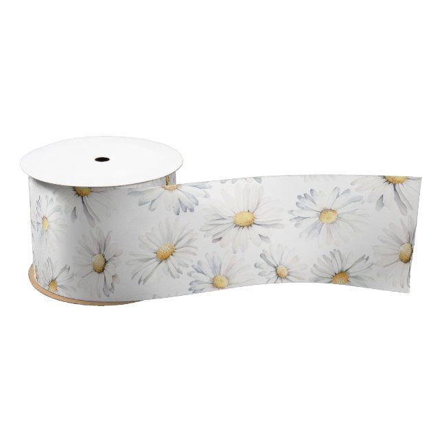 White Daisy Flowers Boho Editable Colour Backgroun Satin Ribbon (Spool)