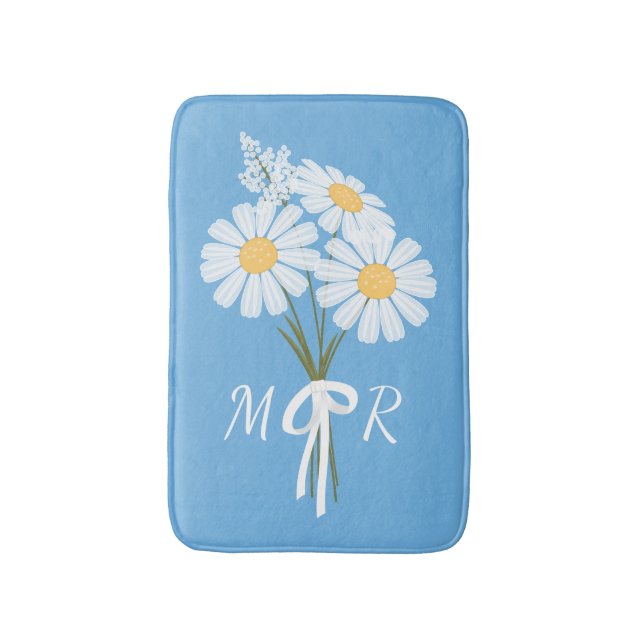 White Daisy Flowers Bouquet Monogram on Blue Bath Mat (Front Vertical)
