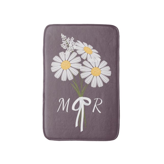White Daisy Flowers Bouquet Monogram on Plum Bath Mat (Front Vertical)